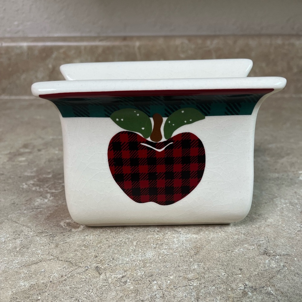 Applejack Ceramic Napkin Holder with Red and Black Plaid Apple
